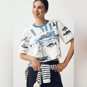 Maeve The Corey Short-Sleeve Boxy Tee Printed Blue Sailboat Nautical Lighthouse